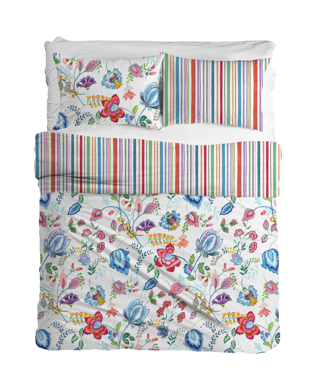 Copripiumino Fiori/Righe Percalle di Cotone 100% 200 fili parure