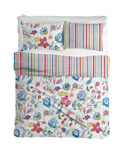 Copripiumino Fiori/Righe Percalle di Cotone 100% 200 fili parure